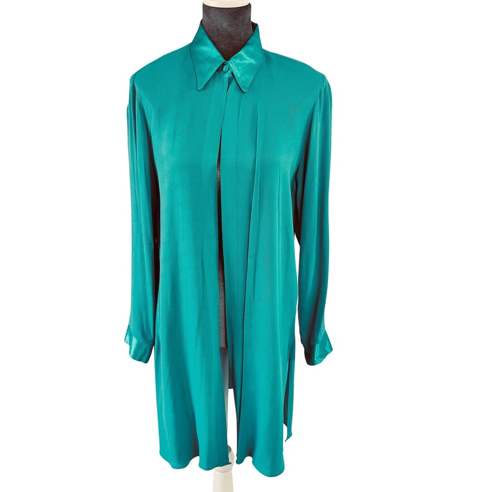 IC Collection Wms Vintage Lagenlook Teal Satin Trim Longline Tunic Jacket M